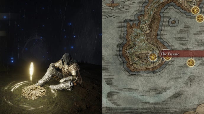 Two screenshots from Elden Ring: Shadow Of The Erdtree. Left: the player sits next to the Fissure Site Of Grace. Right: the location of that Site Of Grace on the map.